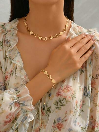 1条项链+1条手链，波西米亚夏季风时尚简约优雅镂空心形链条首饰套装，适合日常休闲、派对、音乐节、海滩度假等场合佩戴。