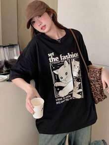 Camiseta holgada y casual de mujer con estampado de gato y letras, tops lindos, camisetas gráficas, atuendos de maestro - Negro - Ver 5