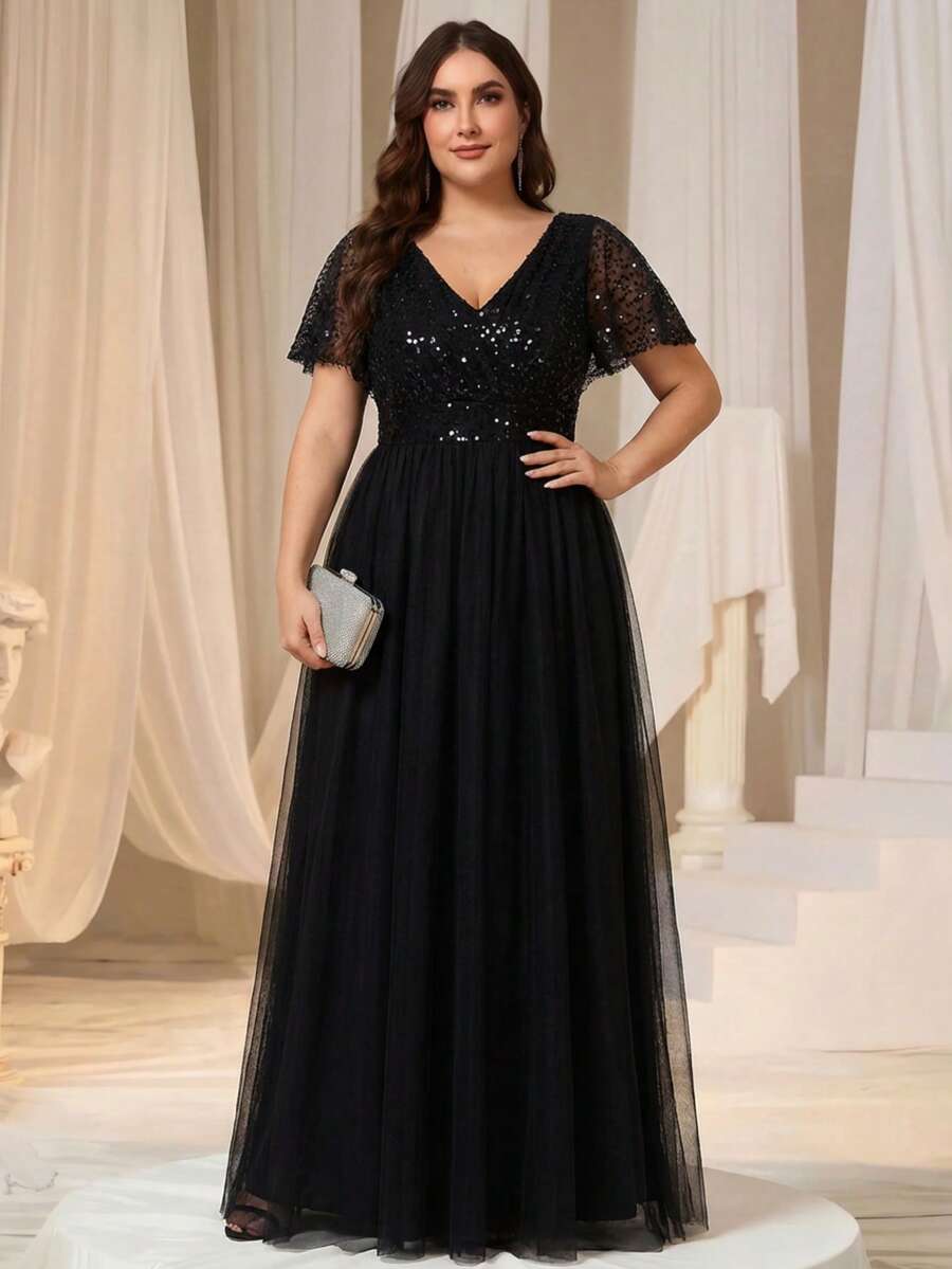 EVERPRETTY Plus Size V-Neck Sequin Patchwork Ruffle Sleeve Mesh Black Elegant Formal Evening Dress, Suitable For Women's Valentine's Day Party, Cocktail Party, Ball, Spring Wedding Guest And Other Occasions