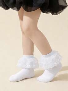 1双儿童/青少年白色薄款公主蕾丝荷叶边舞蹈袜 - 白色 - 查看 9
