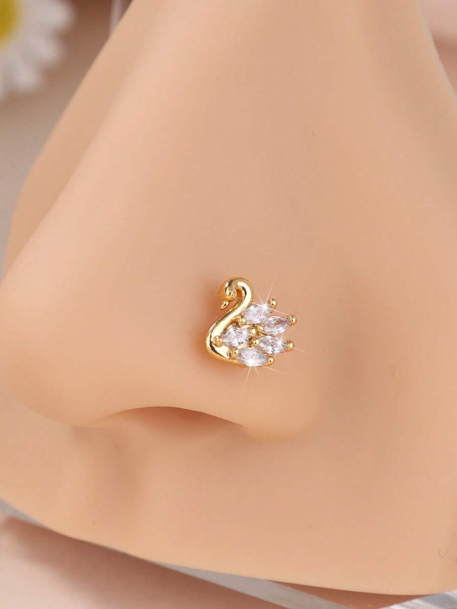 1 chiếc khuyên mũi hình thiên nga đính đá CZ trong suốt, hình chữ L, trọng lượng 20g, màu vàng, kiểu dáng tối giản, thích hợp đeo hàng ngày, đi biển, du lịch và dự tiệc. - L188 - Xem 1