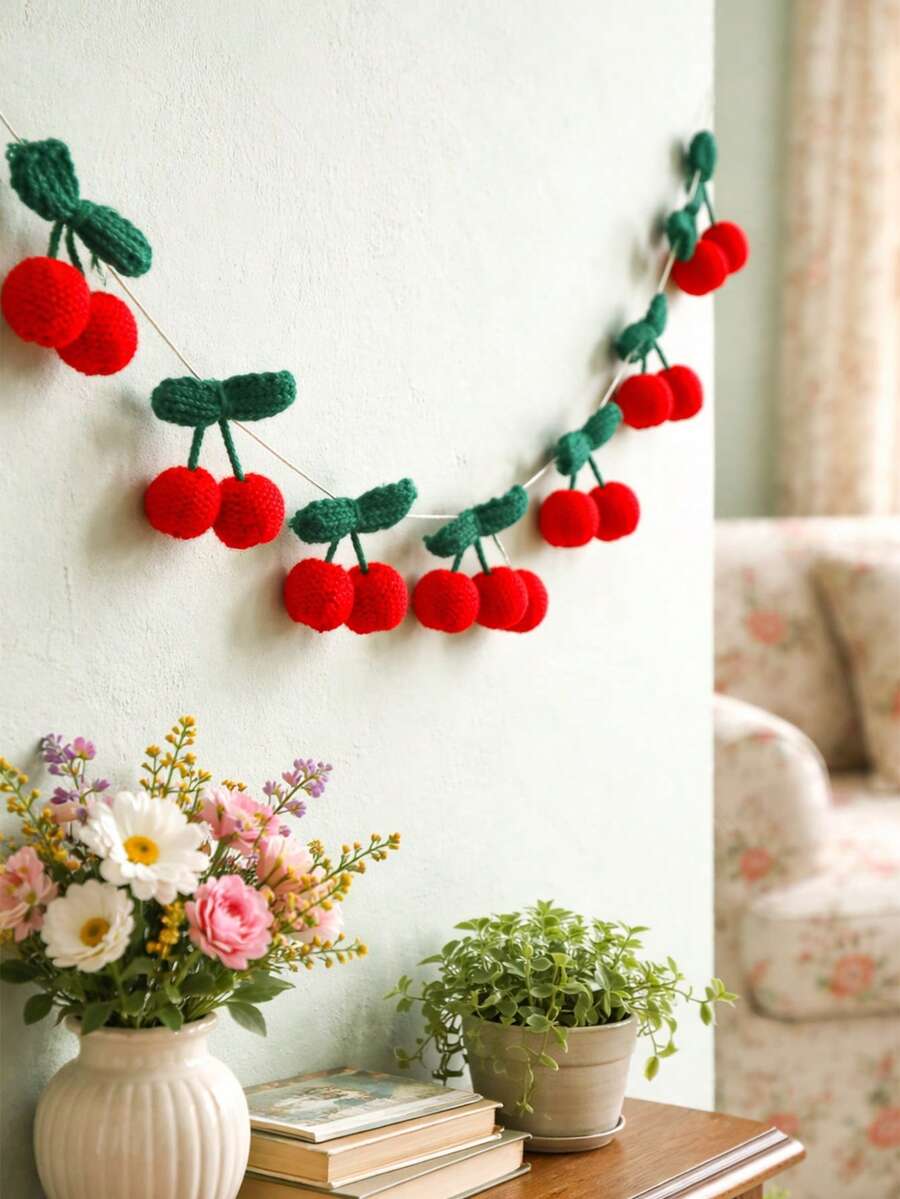1件樱桃编织旗帜挂饰，可爱水果旗帜，波西米亚农舍风格，花卉挂绳，编织墙饰，甜美房间装饰，家居派对婚礼节日拍照背景，适用于客厅、卧室、宿舍、公寓、玄关、春夏节日庆典装饰、农舍墙饰、乔迁礼物