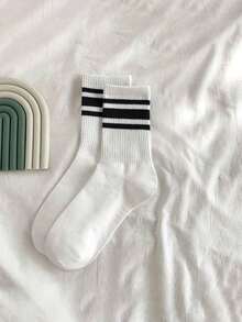 1 Pair Striped Pattern Personalized Mid-Calf Socks, Soft & Comfortable Unisex Outdoor Sports Socks Easter Gift - Màu trắng với sọc đen - Xem 1