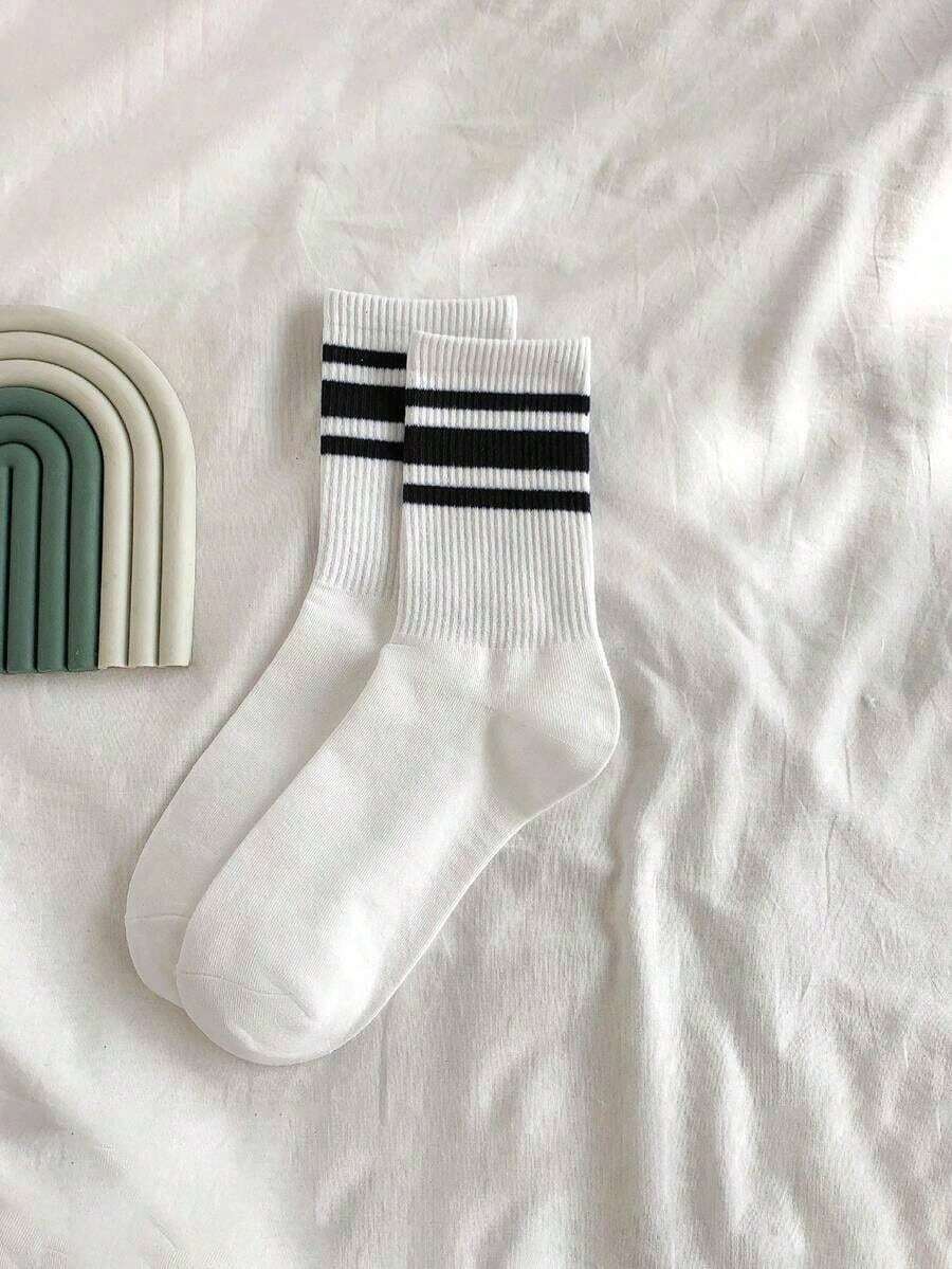 1 Pair Striped Pattern Personalized Mid-Calf Socks, Soft & Comfortable Unisex Outdoor Sports Socks Easter Gift - Màu trắng với sọc đen - Xem 1