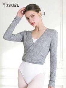 DonsGirl 1 chiếc áo ba lỗ dài tay kiểu Pháp dành cho nữ - Cổ chữ V khoét sâu, màu trơn, kiểu đan chéo | Thích hợp cho tập thể dục, yoga, khiêu vũ Latin và mặc hàng ngày mùa xuân - Xám - Xem 4