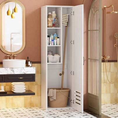 AYYDS Narrow Cleaning Cupboard, Broom Cupboard, Multi-Purpose Cupboard, 160x40x30 Cm – Multi-Purpose Cupboard With Shelves & Clothes Rail For Vacuum Cleaner, Broom – White