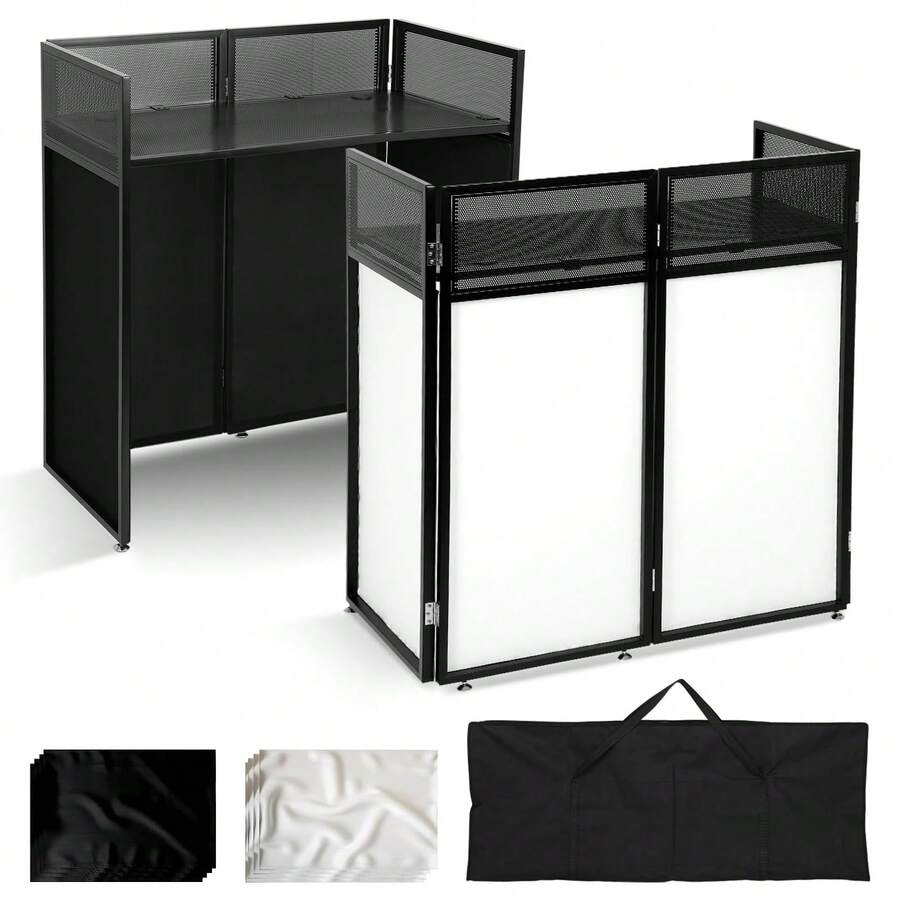 GCCSJ DJ Table,Portable DJ Booth Table Station 44"X42.2"X20.6", Foldable Metal Frame DJ Facade With Black & White Scrims, Detachable 40"X20" DJ Table, Adjustable Height, Carry Bag For Show, Party, Wedding, Events& Mobile DJ Gigs