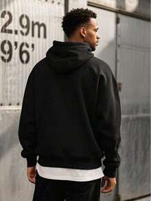 1 Pcs1PC Men's Black Solid Color Drop Shoulder Long Sleeve Drawstring Pocket Casual Hoodie, Autumn/Winter, Suitable For Work, Daily Office Sports, And As A Gift For Husbands And Boyfriend - 黑色 - 查看 3