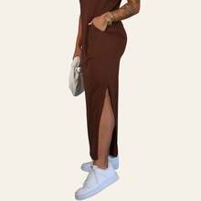 Kit Vestido Feminino Longo Fenda lateral com bolsos - Marrom + Bege - Visão 6