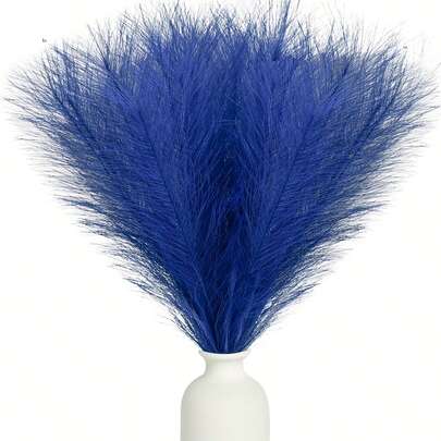19pcs Shimmering Royal Blue Artificial Rattan Grass - 17 Inches Tall, Soft Feather-Like Texture, Suitable For Mother's Day, Easter, Christmas, New Year Home Decor, Vase Not Included, Seasonal Decoration | Minimalist Elegant Style | Plastic Greenery