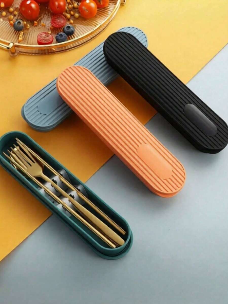 Bộ dao nĩa di động 1 món, bao gồm dao, nĩa, thìa, hộp đựng đũa, hộp bút chì, hộp đựng đồ có nắp đậy nhiều màu sắc, bộ dụng cụ ăn uống du lịch, hộp đựng cơm trưa dung tích lớn (Không bao gồm dao nĩa). - Nhiều màu - Xem 1