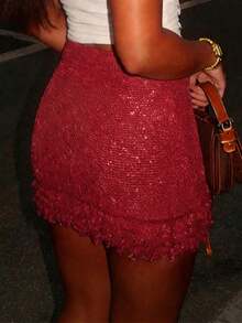 女士Y2K风格亮红色流苏针织迷你裙，性感修身设计，时尚休闲，适合音乐节、假日约会、日常休闲、海滩度假、海滩派对、鸡尾酒会等各种场合。春季必备 - 棗紅 - 查看 5