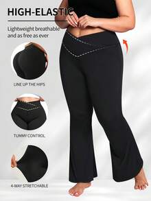 Quần ống loe cạp cao cỡ lớn, quần legging thể thao tập luyện hàng ngày, quần ống loe định hình vòng ba, quần legging yoga nâng mông cho nữ, quần legging ống loe cạp cao thiết kế chéo cho nữ. - màu đen - Xem 3