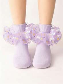 1 Pair Girls' Purple Ruffle Trim Socks, Princess Baby Socks With Big Ruffle Hem - Mauve Purple - View 3