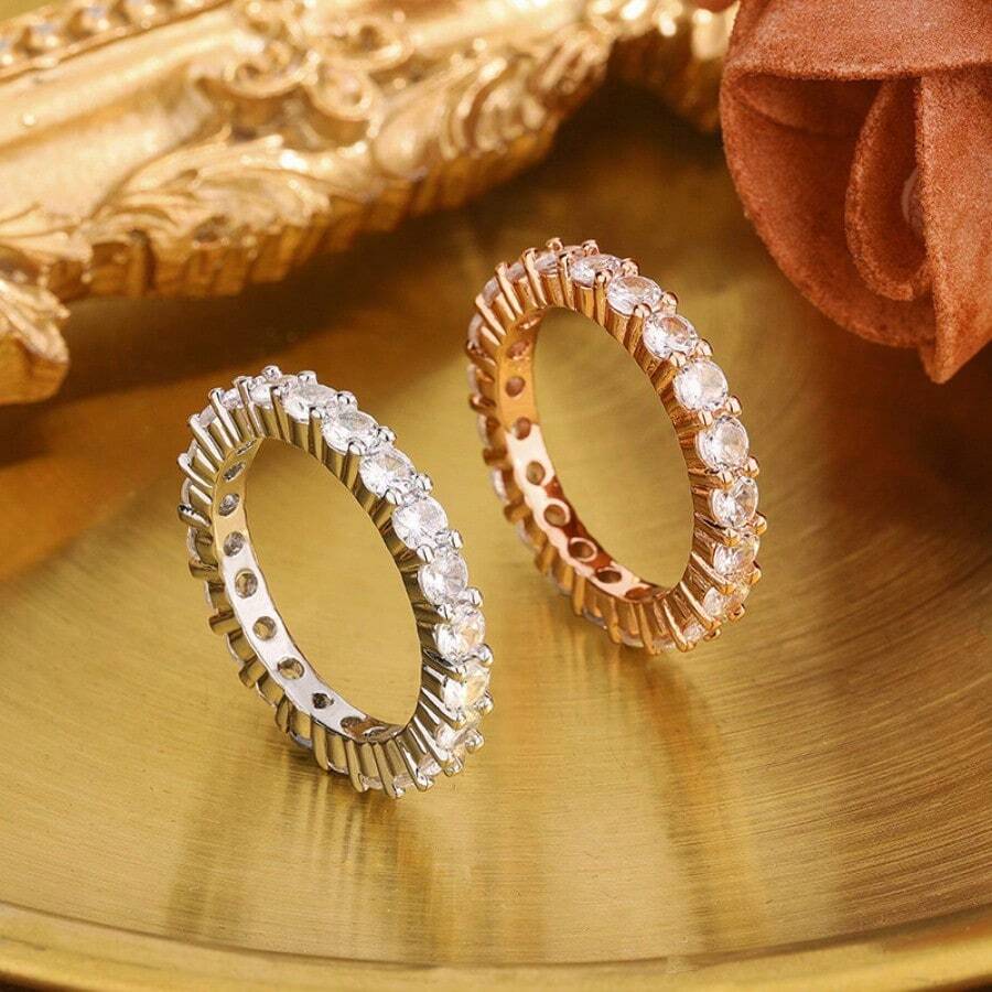 极简奢华优雅情侣全镶钻戒指，永恒订婚/结婚戒指，高品质珠宝 - KYRA028白金 - 查看 1