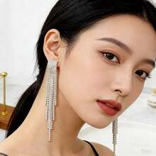 1 Pair European And American Classic Versatile Exaggerated Long Rhinestone Tassel Earrings, Luxury Elegant Earrings With Refined Details, Fashionable Unique Earrings For Women - Multicolor - View 1