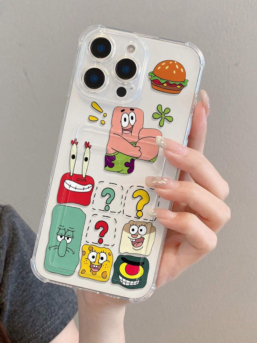 SpongeBob SquarePants 1pc Cute & Fun Transparent Hamburger Square Paws Question Mark Painted Pattern Shockproof Phone Case Compatible With Apple 11/12/12 Pro Max/14 Pro Max/15/15 Pro/16/16 Pro Max/17 And Other Models - Multicolor - View 1