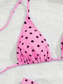 PEPPERMOLLY 新款柔软衬垫蓝白波点印花细肩带露背性感派对比基尼套装，女士夏季沙滩时尚泳装度假粉色 - 粉色 - 查看 6