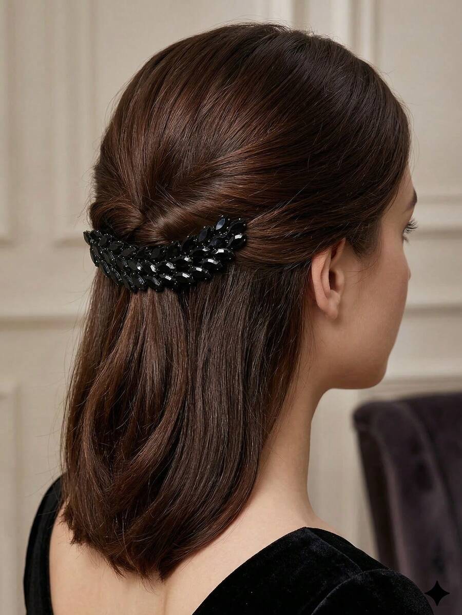 1pc Elegant Black Zirconia Shiny Wheat Ear Cuff, French Retro Half-Bun Hair Clip, Graceful Bridal Hair Accessory