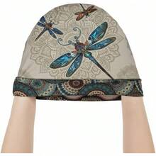 Premium Retro Boho Style Slouchy Beanie - Dragonfly Print Knitted Hat For Women & Men - Dragonfly Mandala Beige - View 5