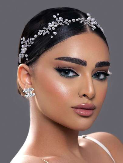 1pc Luxury Alloy Leaf Decor Bridal Headband With Pearl Accent, Suitable For Wedding, Party, Stage Performance