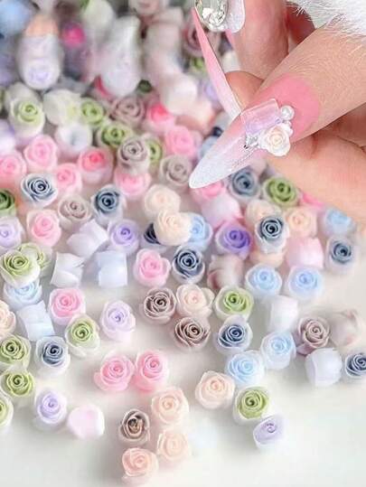 50pcs Spring New DIY Nail Art Camellia Rose Flower Decor, Pearl Mixed Color Resin 3D Nail Flower, Nail Parts, Accessories, Components, Nail Decorations