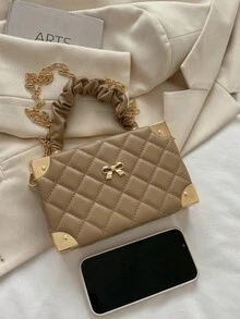 纯色PU绗缝菱形方盒包，蝴蝶结装饰，褶皱手提包，金属链条肩带，日常礼品小方包，女士 - 卡其色 - 查看 8