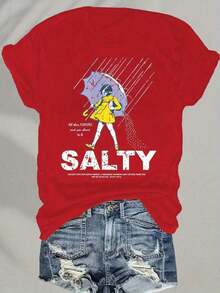 1pcsSalty With Umbrella Graphic Tee - Vintage Style Summer Beachwear For  Women, Perfect For Vacation And Everyday Wear, Ed T-Shirt180gvintage,Summer Outfits For Women,T-Shirt - 紅色 - 查看 1