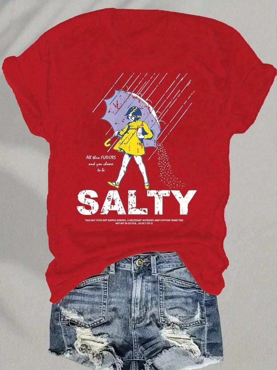 1pcsSalty With Umbrella Graphic Tee - Vintage Style Summer Beachwear For Women, Perfect For Vacation And Everyday Wear, Ed T-Shirt180gvintage,Summer Outfits For Women,T-Shirt - 紅色 - 查看 1