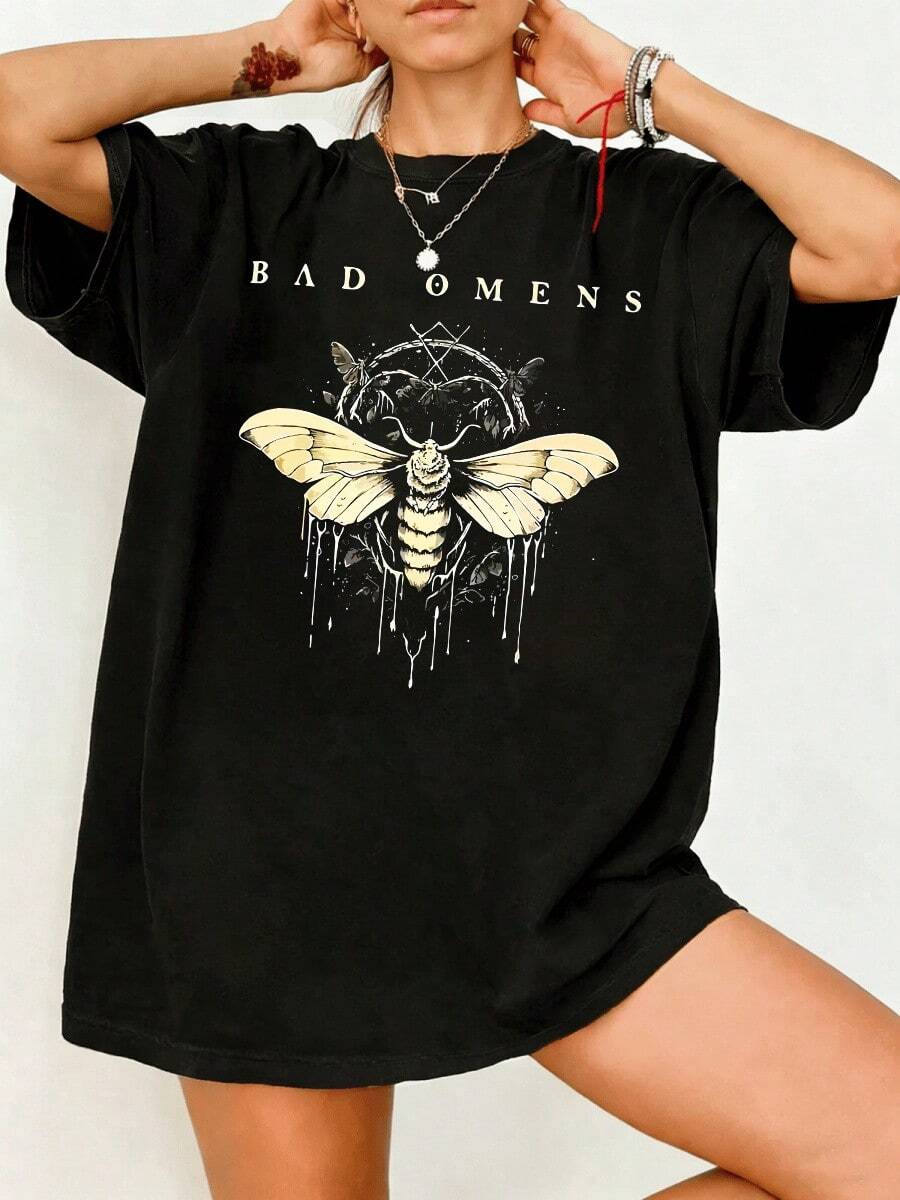 Gothic Moth Graphic 100% Cotton Vintage Oversized T-Shirt - màu đen - Xem 1