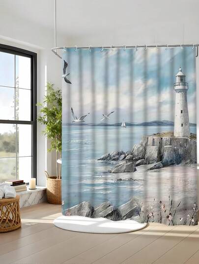 1/4件套印花防水浴室帘套装，宁静疗愈图案，防水防霉，加厚涤纶材质，免打孔安装，防滑浴垫，吸水马桶垫，数码印花，不易褪色，可机洗，四季皆宜，复活节限量版