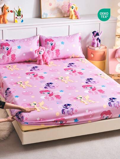 MY LITTLE PONY 2/3pcs  Printed Bedding Set, Including Fitted Sheet, Mattress Protector, Soft & Breathable, Available In Multiple Sizes For Twin/Full/Queen/King Beds, Machine Washable, Cartoon Character Design, Cozy Room Decor, Great Gift, Pink, OEKO-TEX Certified