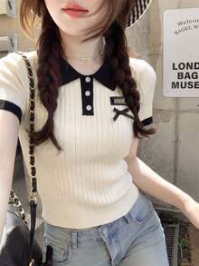 女士米色和黑色 Polo 衫 - 时尚优雅休闲甜美修身罗纹短袖上衣，饰有蝴蝶结，适合春夏日常穿着 - 杏色 - 查看 5