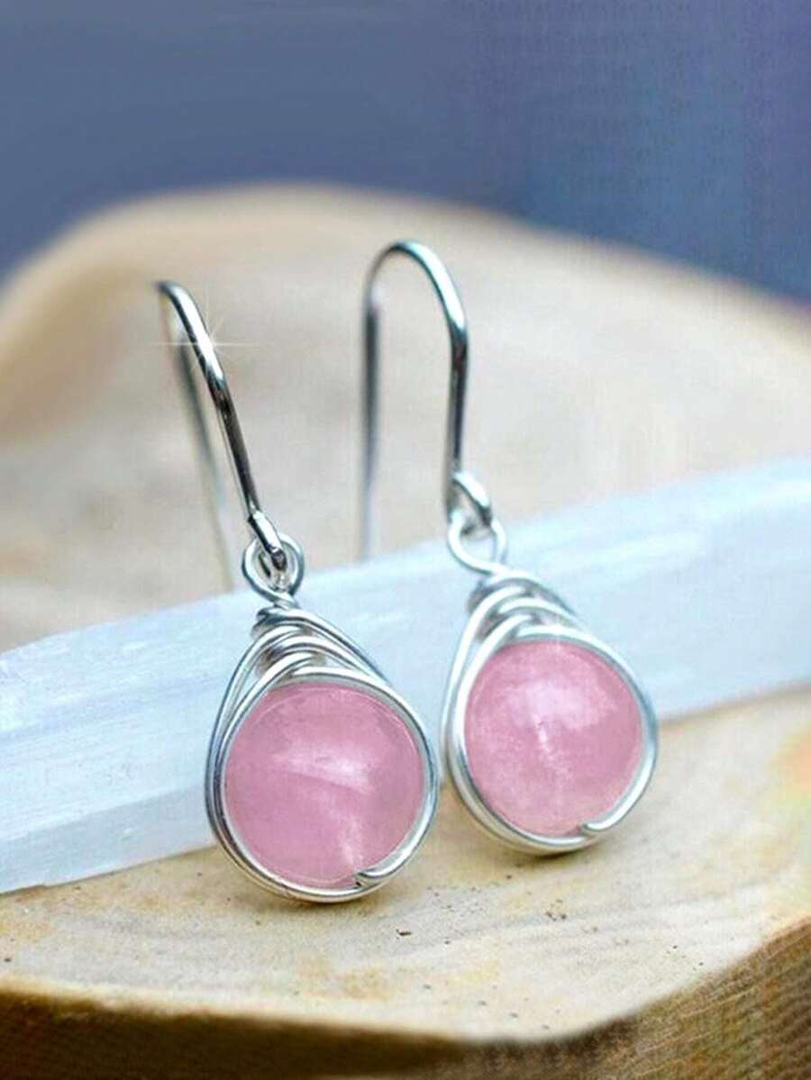 1 Pair Fashion Moonstone Water Drop Earrings, Suitable For Women, Can Be Used For Weddings, Engagements, Anniversaries, Parties, Valentine's Day, Also Can Be Given As Gifts To Mothers, Mother's Day, Etc. - 粉色 - 查看 1