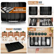 Silverware Organizer, Adjustable & Expandable Utensil Tray For Kitchen Cutlery Storage, Spoons Forks Knives Holder Storage Dividers, Multipurpose Silverware Drawer Organizer For Dining Table - Black - 1 - View 1