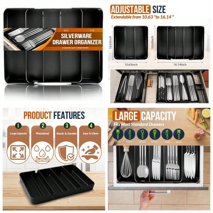 Silverware Organizer, Adjustable & Expandable Utensil Tray For Kitchen Cutlery Storage, Spoons Forks Knives Holder Storage Dividers, Multipurpose Silverware Drawer Organizer For Dining Table - Black - 1 - View 1