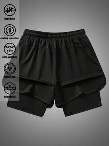 Shorts deportivos 2 en 1 para hombre, unicolor con forro interior, cintura elástica, bolsillos, fitness, regalo para novio - Negro - Ver 2