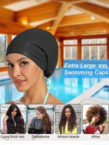 超大号硅胶泳帽，适用于辫子和长发接发，防水泳帽，适用于泳池和淋浴间，适合成人，保持头发干爽，易于戴脱，适合各种长度和发型，包括短发、中发、长发、辫子、编织、卷发和蓬松发型。5 种尺码可选：S-M-L-XL-XXL，黑色，男女通用，沙滩必备，沙滩配件，泳池浮圈 - 黑色 - 查看 7