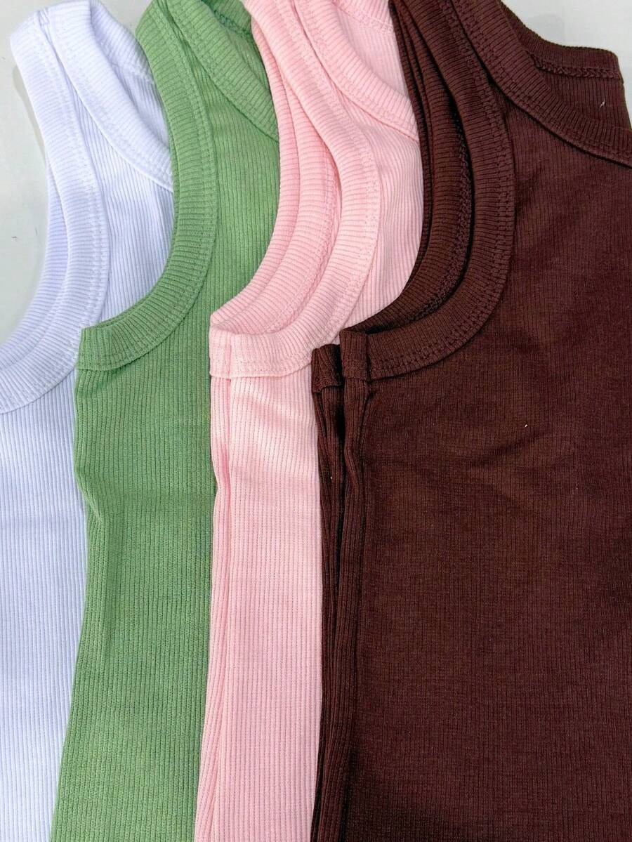 Kit Of 4 Women's Tank Tops, Premium Stylish Blogger-Style Blouse, Winter Style, Brazil Cup Color. - 白色,淺綠色,粉紅色和巧克力色 - 查看 1