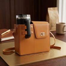 Women's Solid Color Crossbody Bag With Water Bottle Holder PU Leather Adjustable Strap Portable Outdoor Commute Shoulder Bag Lightweight Durable Casual Daily Travel Purse - 粉色 - 查看 4