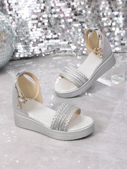 1 Pair Children's Silver Glitter High Heel Sandals, Summer Fashion Rhinestone Braided Vamp Design, Buckle Closure Girls Dress Sandals, Suitable For Daily Outfit Matching