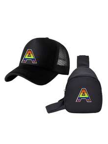 Set de 2 piezas de gorra de béisbol con malla con letra y mochila para niños, gorra deportiva transpirable con protección solar y correa ajustable, bolsa de cintura y bolso cruzado para viaje para niños de 3 a 12 años - Negro - Ver 5