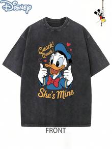 Disney Officially Licensed Graphic T Shirts 100 Percent Cotton  Shirt,  & Daisy Duck Couple T-Shirt, Unisex, Washed 230g, Retro Vintage, Crew Neck Short Sleeve, Casual Daily Wear - 黑2 - 查看 2