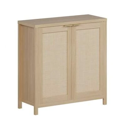 Rattan Buffet Cabinet With 2 Drawers, Light Oak Shaker Style Sideboard Storage Cabinet With Adjustable Shelf For Dining Room, Kitchen & Entryway