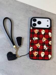 1pc Fashion New Black & Red Plaid Dog Pattern Litchi Texture Anti-Fall Anti-Slip Soft Phone Case + Heart Lanyard, Compatible With Apple, Phones - Multicolor - View 5