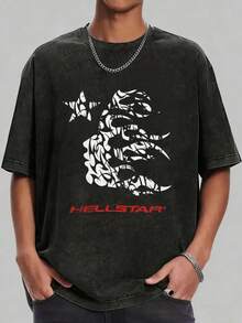 Hellstars  Flame Profile Retro Washed Print Round Neck Short Sleeve T-Shirt, 230g 100% Cotton T-Shirt, Summer Clothes, Men's Tops, Casual And Comfortable, Fashionable Graphic Tee, Unisex Style - Black - View 1