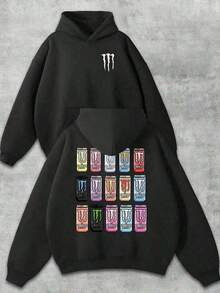 Men's 250g Pixel Style  Drink Pattern Double-Sided Print Hoodie With White Claw Logo And  Drink Pattern; Off-Road Bicycle, Motorcycle  Sports Top, Fox Racing  Apparel, Casual And Comfortable Long-Sleeve Pullover Hoodie, American-Style Men's Autumn And Winter Clothing, Loose Fit With Pockets, Available In Large Sizes, Suitable For Daily Wear And As A Gift. Y2Y-W-Mayja - 黑色 - 查看 2