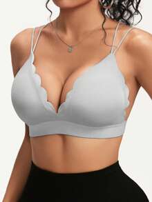 1件装女士交叉露背露乳沟支撑性感荷叶边文胸 - 灰色 - 查看 4