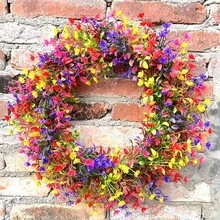 1pc Colorful Eucalyptus Wreath, Rustic Plastic Floral Wreath Decor, Suitable For Spring, Summer, Fall Outdoor Garden Hanging, Artificial Flower Arrangement, No Feathers, Great For Valentine's Day, Thanksgiving, Father's Day, Lei Day - Multicolor - View 9