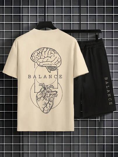 Conjunto casual de camiseta de manga corta con cuello redondo y estampado, y pantalones cortos con cordón para hombre SU ER